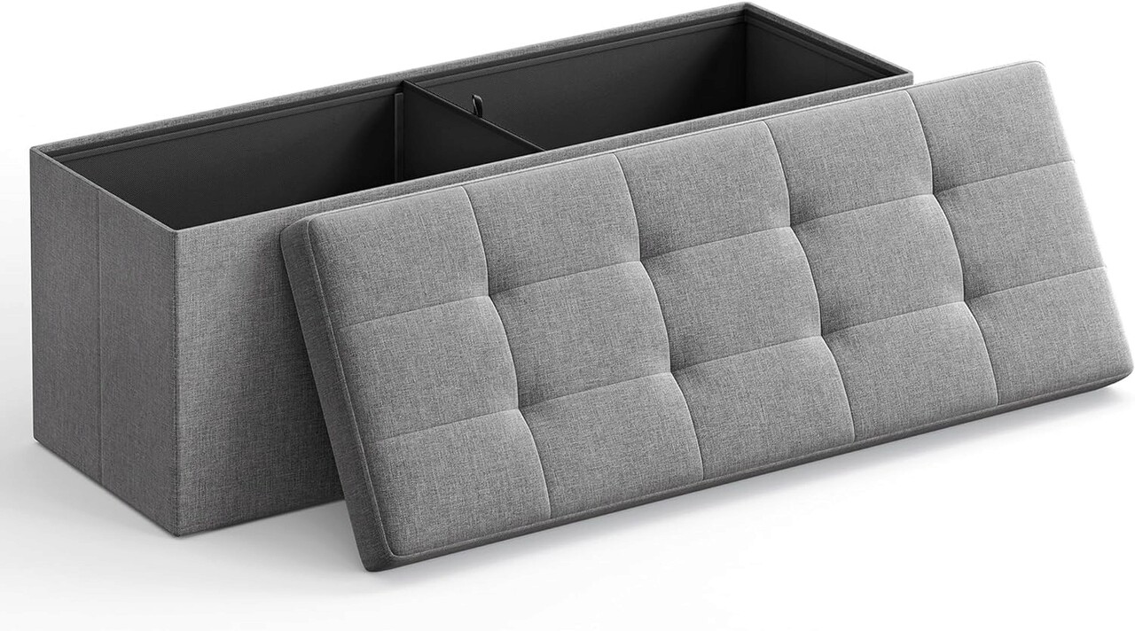 Bancheta cu spatiu pentru depozitare Ottoman Classic, Songmics, 110 x 38 x 38 cm, pliabila, imitatie in/MDF, gri deschis - imagine 7